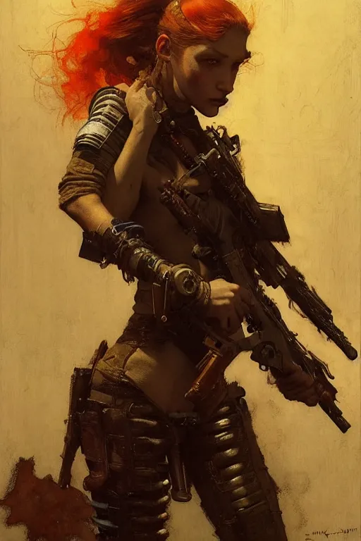 Image similar to portrait max mad cyberpunk, girl with a rifle character design, painting by gaston bussiere, katsuya terada, nc wyeth, greg rutkowski, craig mullins, vermeer, frank frazetta, tom of finland, trending on artstation, jeffery catherine jones