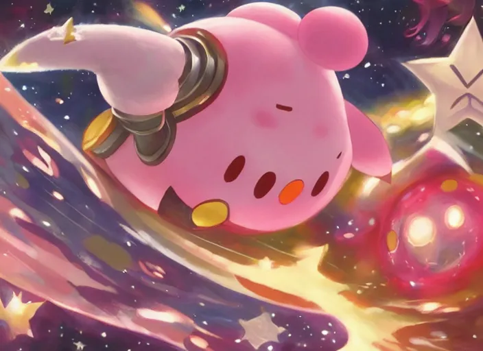 Prompt: official artwork of kirby by Krenz Cushart, detailed art, many stars in sky, Kirby round pink iconic character, wallpaper