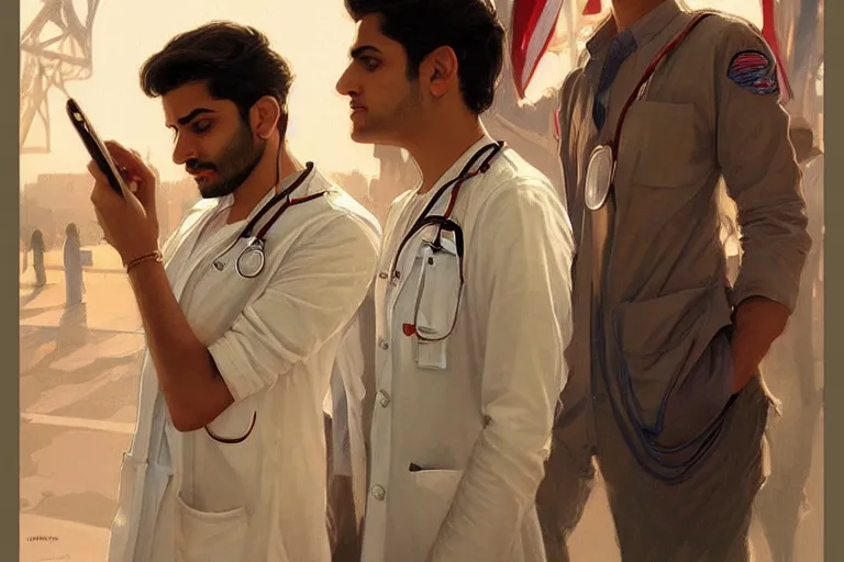 Image similar to Anxious good looking pale young Indian doctors wearing American clothes at the airport, portrait, elegant, intricate, digital painting, artstation, concept art, smooth, sharp focus, illustration, art by artgerm and greg rutkowski and alphonse mucha