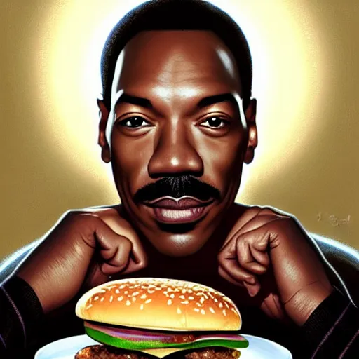 Image similar to portrait of eddie murphy eating hamburgers, extra onions and ketchup, luscious patty with sesame seeds, ethereal, handsome, d & d, fantasy, intricate, elegant, highly detailed, digital painting, artstation, concept art, matte, sharp focus, illustration, art by artgerm and greg rutkowski and alphonse mucha