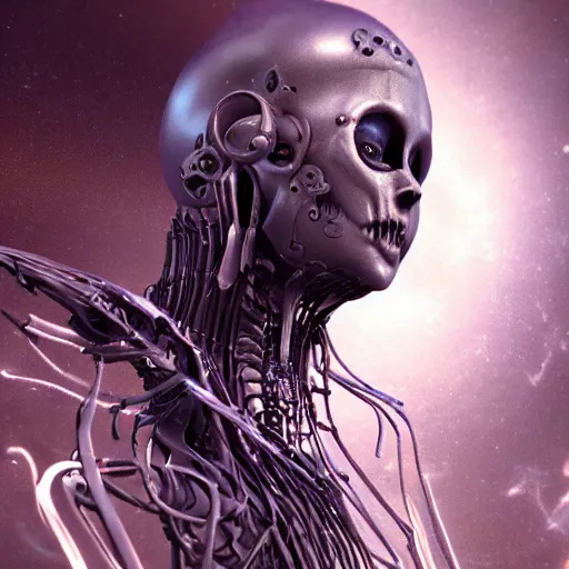 Image similar to machine elfs, abstract, decay, giger textures, ghostly figure, morphing skulls, bone and teeth with cosmic circuitry and futuristic technology rearranging body form, abstract, voodoo, ultra realistic, hyper realism, 1 2 k, epic, octane render, unreal engine, vfx, maya, alex grey