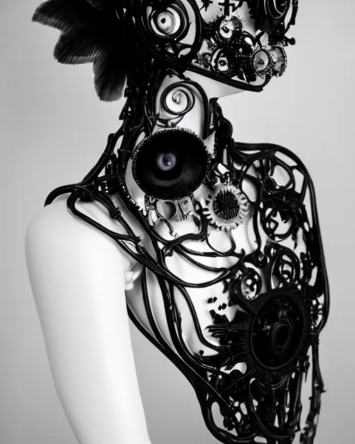 Image similar to black and white dreamy foggy poetic smoky profile face portrait, one silver steampunk realistic eye biomechanical beautiful angelic young female cyclope - cyborg - robot bust, body ribs meshes,, volumetric light, hibiscus flowers, by dora maar, rim light, big gothic fashion pearl embroidered collar, 8 k
