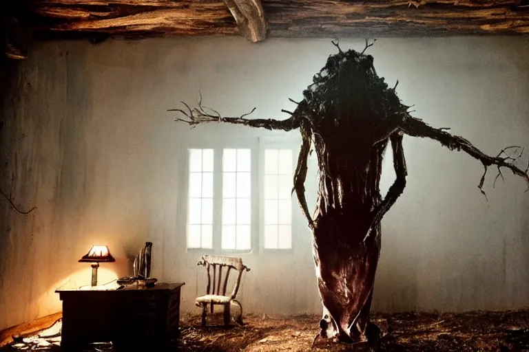 Image similar to film still of an oily vaguely human abomination with carapace and antennae clinging to the ceiling of an old cabin's living room, horror movie, eerie, creepy, dark, amazing lighting, great cinematography, directed by scott derrickson
