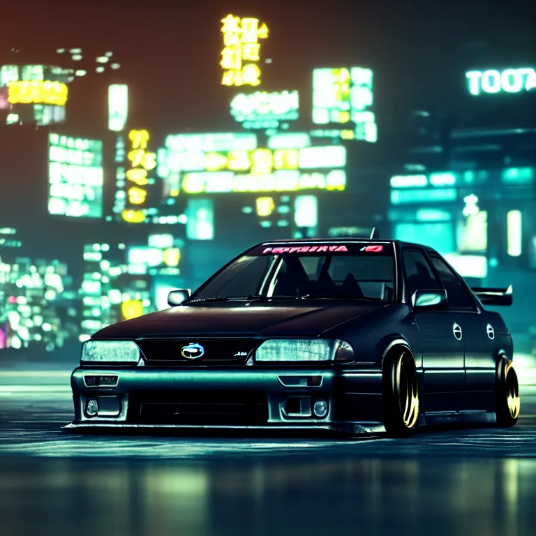 Image similar to toyota jzx 1 0 0 drift, detailed - wheels, shibuya prefecture, cyberpunk woman sitting, cinematic lighting, photorealistic, night photography, octane render