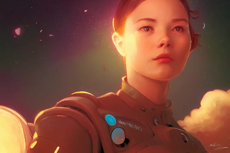 Image similar to semirialistic portrait girl in the spacesuit, volumetric lighting, glowing lights, 4k, octane renderer, digital painting, artstation, concept art, sharp focus, illustration, art by artgerm and greg rutkowski and alphonse mucha, makoto shinkai, pastel palette, daily deviation