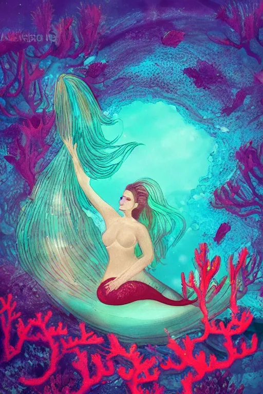 Image similar to beautiful mermaid swimming through bioluminescent algae coral reefs by małgorzata kmiec