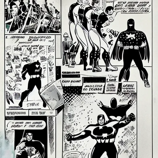 Image similar to comic book pane of Captain America, arresting the Batman, silver age of comics, Jack kirby illustration