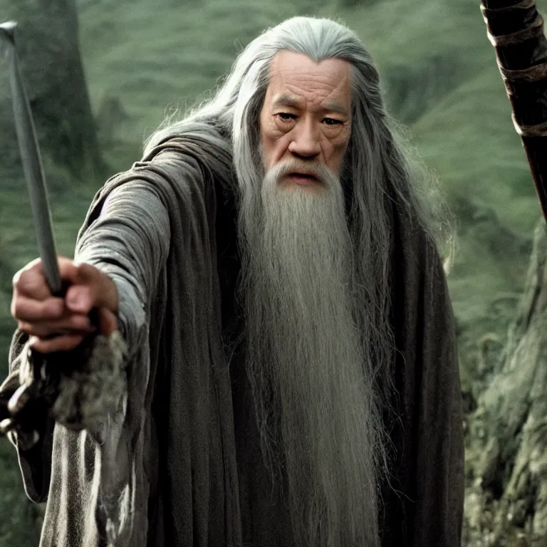 Image similar to film still of Lucy Liu as Gandalf in Lord of the Rings,