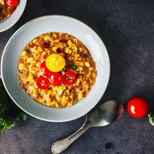 Image similar to A plate of maize porridge with tomato and onion relish, professional photography, 8k, food photography