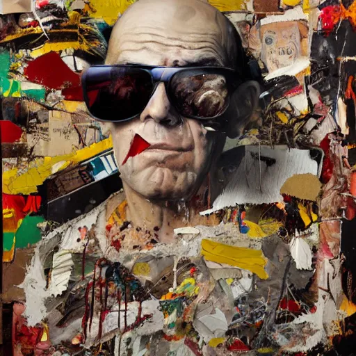 Prompt: hyperrealistic, photorealistic, mixed media oil painting of hunter s. thompson, magazine scraps, plaster, blood, oil, mustard, splatter, greg rutkowski, basquiat, ralph steadman,