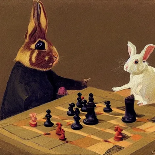 Image similar to a rabbit and a guinea pig playing chess, in the style of ilya repin