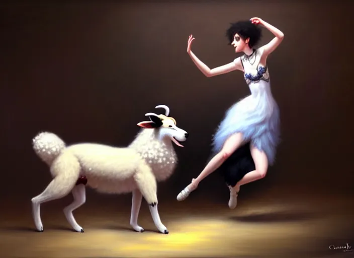 Image similar to wide shot painting of a male anthropomorphic border collie fursona dancing with a cute female anthropomorphic sheep fursona in a ballroom, beautiful, intricate, elegant, realistic proportions, highly detailed, scenic background, trending on artstation, art by charlie bowater and henry asencio and and ross tran