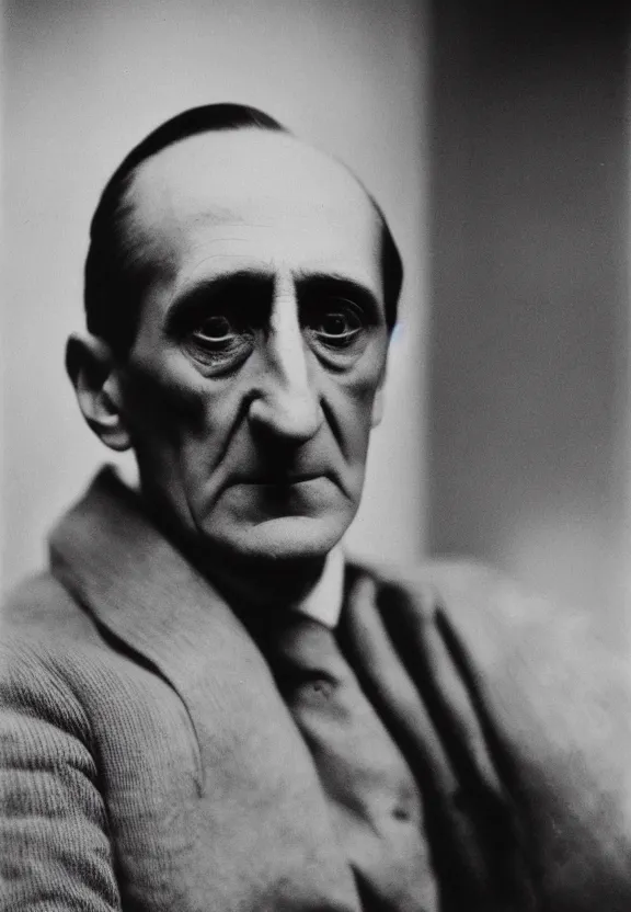 Image similar to a close - up casual photo of marcel duchamp with pensive eyes, 1 9 2 0 s monochrome snapshot, graflex 4 x 5, f 1. 8, 3 5 mm, ilford delta 3 2 0 0 pro