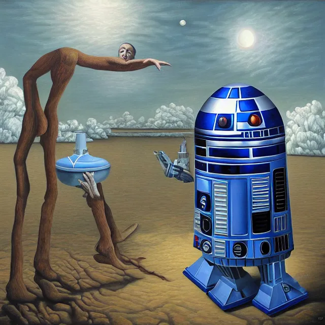 Image similar to an oil on canvas portrait painting of r 2 d 2, surrealism, surrealist, cosmic horror, rob gonsalves, high detail