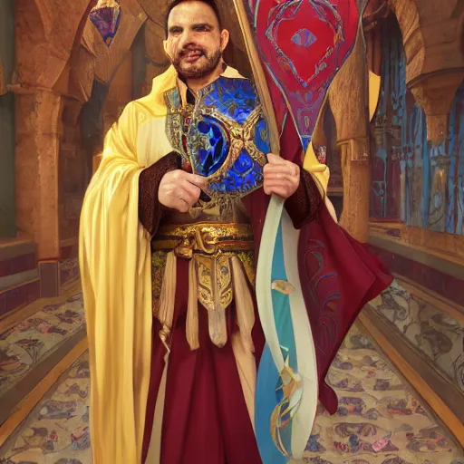 Prompt: photography of charming tailor of middle - eastern descent, dressed in fine colorful robes and jewelry over fantasy armor, goatee, smirking, holding a magic needle, fantasy art by barret frymire by artem priakhin, art by artgerm and greg rutkowski and alphonse mucha, artstation, matte, illustration, intricate, highly - detailed high resolution