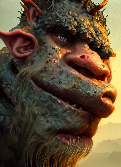 Image similar to close up portrait of a underweight troll in the mountains of hell, oil painting by tomasz jedruszek, cinematic lighting, pen and ink, intricate line, hd, 4 k, million of likes, trending on artstation