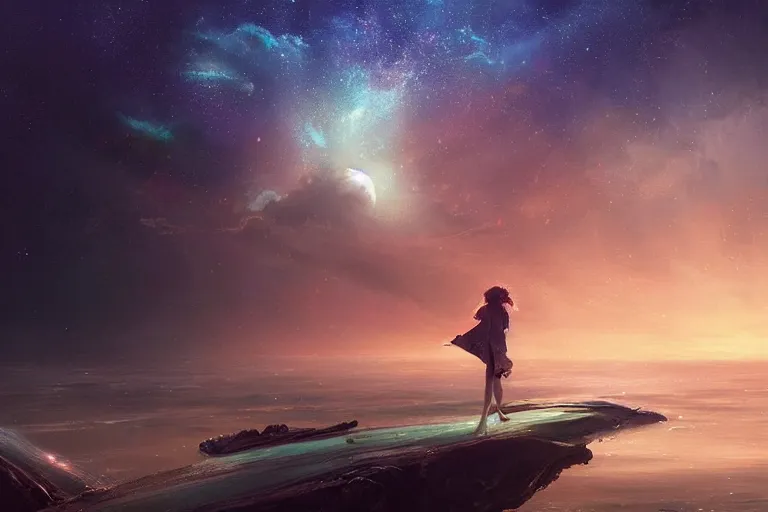 Prompt: the night sky is an upside down ocean, the stars are fish in the depths, the night sky is a sea, distant nebula are glowing algae, her hair is the milky way, the moon is an angler fish fantasy painting by jessica rossier