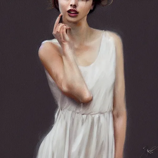Prompt: portrait of beautiful happy young ana de armas wearing a beautiful silky white dress, half life 2, dishonored 2, painted by greg rutkowski, painted by stanley artgerm, painted by igor kieryluk, digital art, promotional art, trending on artstation