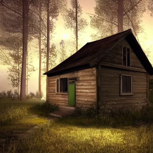 Image similar to an abandoned cottage in the middle of the forest at night, 8k, photorealistic, very detailed, cinematic, point perspective, UHD