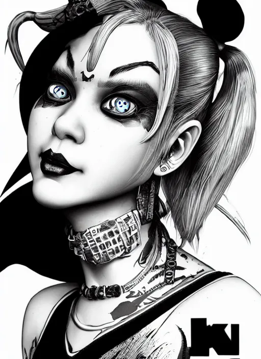 Prompt: highly detailed ink illustration of harley quinn, unreal engine, octane render, b & w clean shaped illustration by kim jung gi, ron english and eiichiro oda