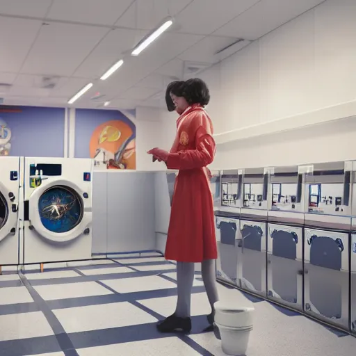 Image similar to a beautiful photo of an astronaut waiting in a laundromat, soft light, morning light, photorealistic, realistic, octane, 8k, cinematic shot