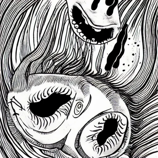 Image similar to black and white illustration creative design, fish, junji ito, body horror