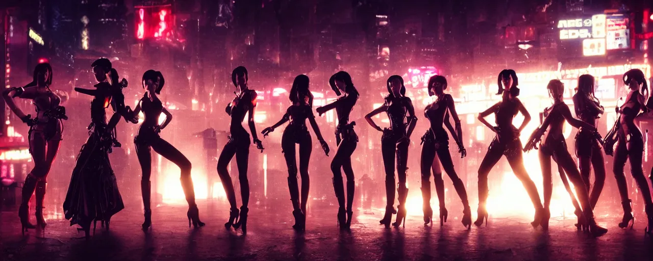 Image similar to epic highly detailed photo of gangs of girls fighting in cyberpunk night adult club, 3 5 mm, guns blasting, low angle, blade runner, akira, cinematic angle, cinematic lighting, reflections, action, battle