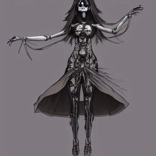 Image similar to aerial dancer in city of skeletons by ueshiba riichi illustration, highly detailed dress, concept art