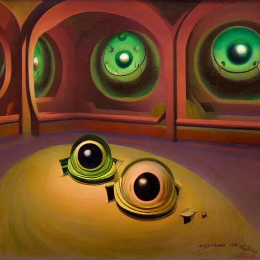 Image similar to three biomorphic robotic seers watchers oracles soothsayers with glowing eyes, inside a dome, pj crook, grant wood, edward hopper, syd mead, chiaroscuro, oil on canvas