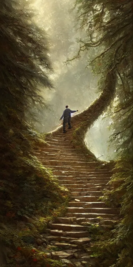 Image similar to a man walking up a steep and impossible staircase, in beautiful woods, intricate, elegant, highly detailed, oil painting, artstation, concept art, sharp focus, beautiful illustration, cgsociety, by justin gerard and artgerm, 4 k