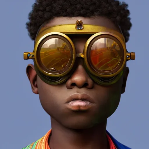 Image similar to colourful vfx upper half - portrait - art of a nigerian boy wearing steam punk goggles, art by hsiao - ron cheng & james jean, digital render, digital illustration, concept art, caricature, volumetric light, ray tracing, symmetrical, unreal engine, octane 3 d render, sharp, detailed, intricate detail, pinterest, behance, art station,