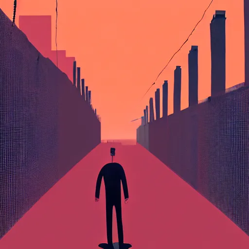 Image similar to a dystopian matte painting of a scared man standing in front of a fence with barbed wire by emiliano ponzi, james gilleard, george ault, david hockney, atey ghailan, albert namatjira, marius borgeaud, minimalist, bauhaus, retrofuturism, concept art, matte background, matte drawing, generative art