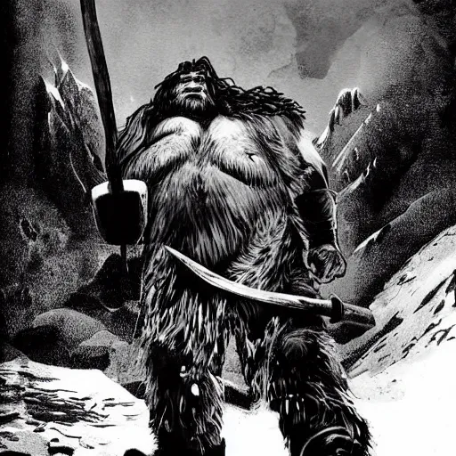 Prompt: norse troll ogre blacksmith with sledgehammer profile portrait half body monochrome portrait hammer cover illustration dramatic kvlt by peder balke by peder balke by guido crepax by norman bluhm mystic high contrast monochromatic norway