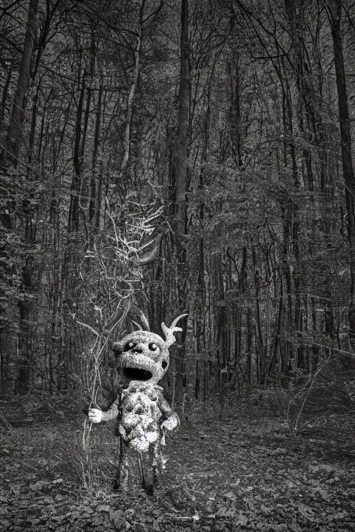 Image similar to trailcam night vision photograph of an abhorrent eldritch demonic forest teletubby creature. 8 k resolution