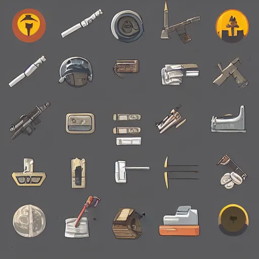 Prompt: collection of inventory icons, ammunition, modern sci fi, minimal