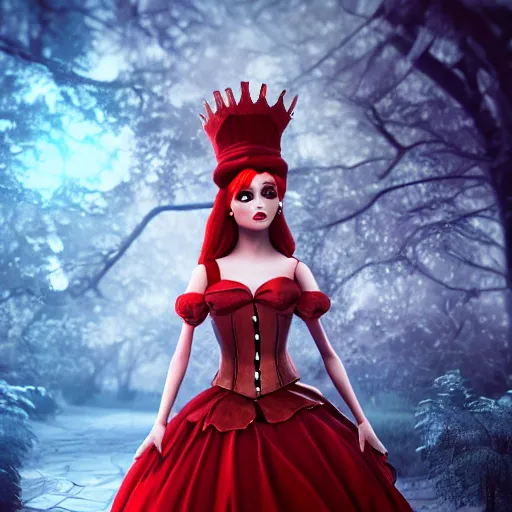 Image similar to doll style red head queen, full body, alice in wonderland theme, disney inspired fantasy background, octane render, cinematic lighting, unreal engine, 8 k, ultra hd, realistic face