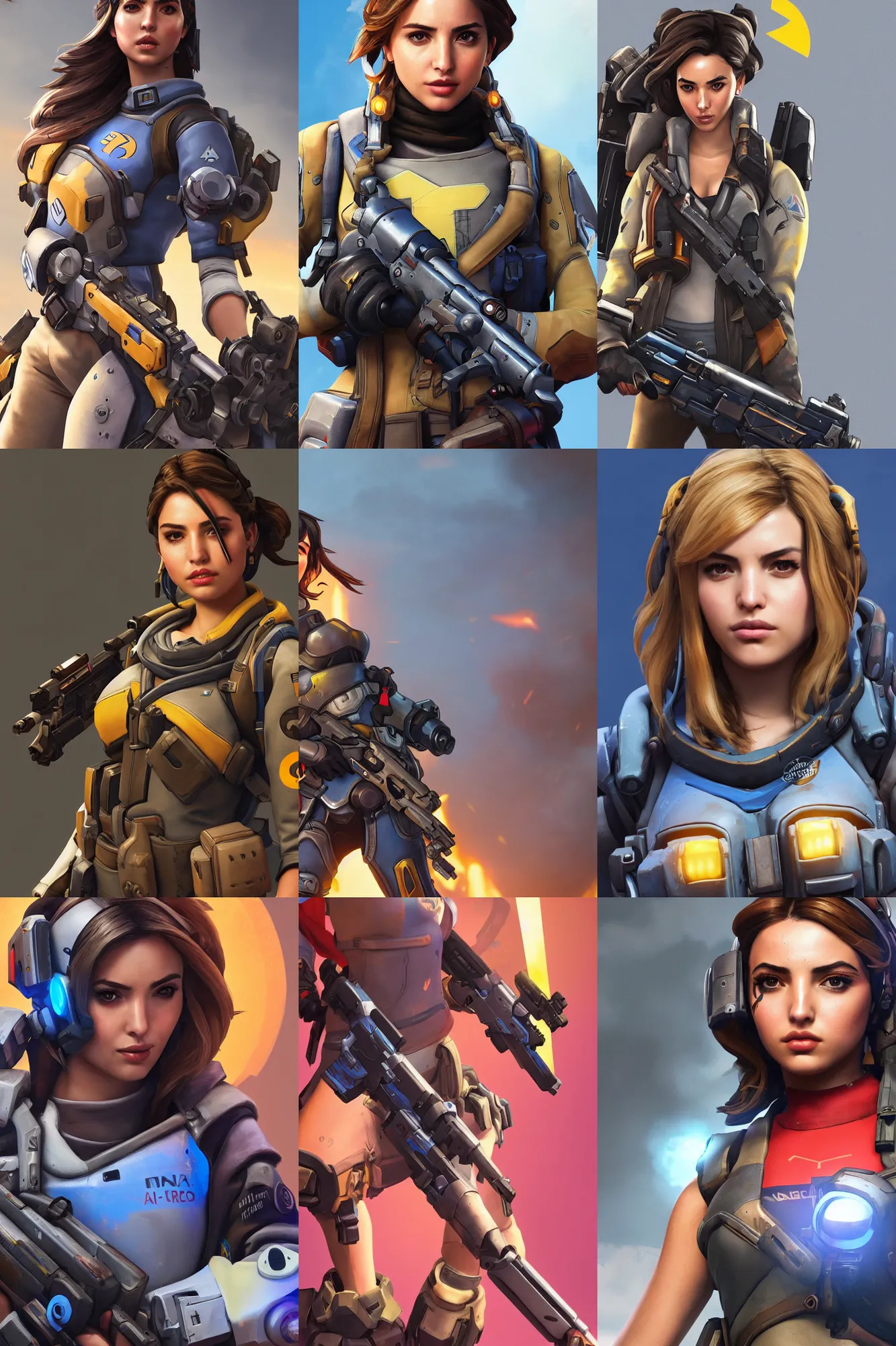 Prompt: Ana de Armas as overwatch hero, class tank, character art closeup