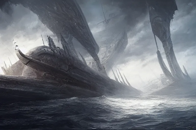 Prompt: Trireme, Charybdis by HR Giger, by Jessica Rossier and cinematic concept painting