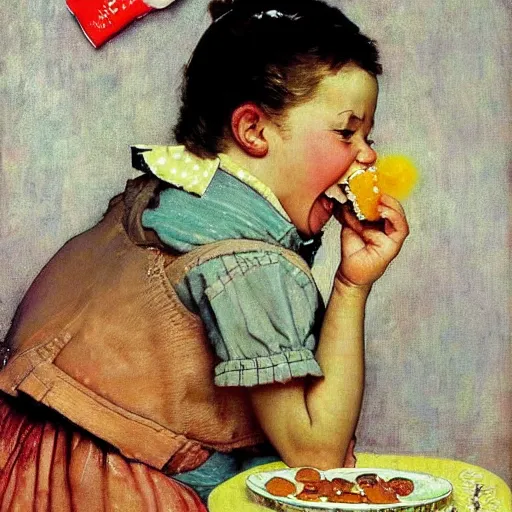 Prompt: An adorable happy woman chews on a candy as a liquid flows from her mouth. Norman Rockwell painting