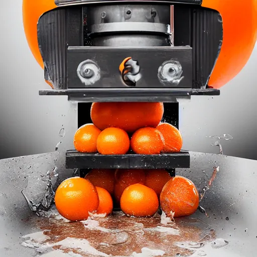 Prompt: the annoying orange getting crushed under a hydraulic press