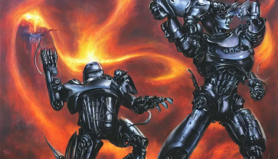 Image similar to robocop fighting demons in hell by julie bell