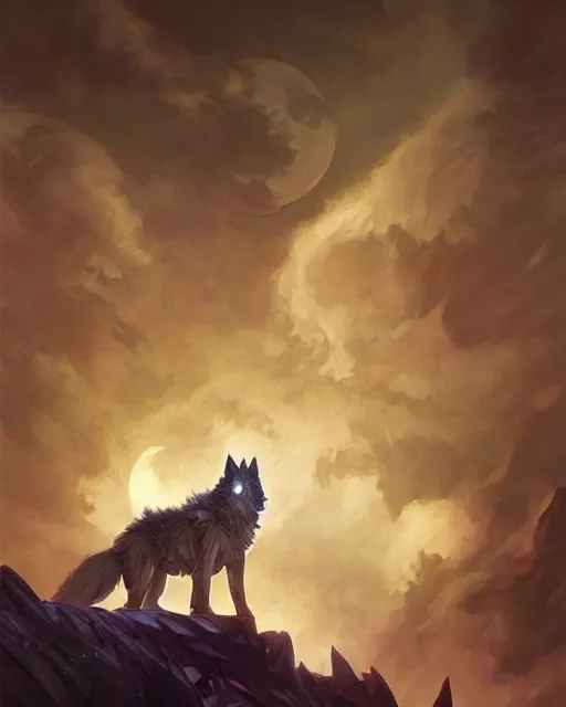 Image similar to '' Illustration a wolf (Fenrir), (night), (moon in the background), league of legends, Fenrir, LOL, fantasy, d&d, digital painting, artstation, concept art, sharp focus, illustration, art by greg rutkowski and alphonse mucha ''