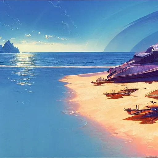 Image similar to beautiful matte painting of golden shores of a blue dreamy ocean, sci - fi, daylight, blue sky, cinematic lighting, cinematic perspective, syd mead, john harris, federico pelat