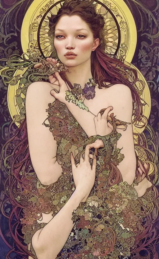 Prompt: “realistic detailed face portrait of young Kate Moss as Salome by Alphonse Mucha, Ayami Kojima, Amano, Charlie Bowater, Karol Bak, Greg Hildebrandt, Jean Delville, and Mark Brooks, Art Nouveau, Neo-Gothic, Surreality, gothic, rich deep moody colors”