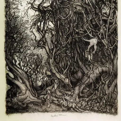 Prompt: once upon a midnight dreary, while i pondered, weak and weary, over many a quaint and curious volume of forgotten lore, by arthur rackham, highly detailed,