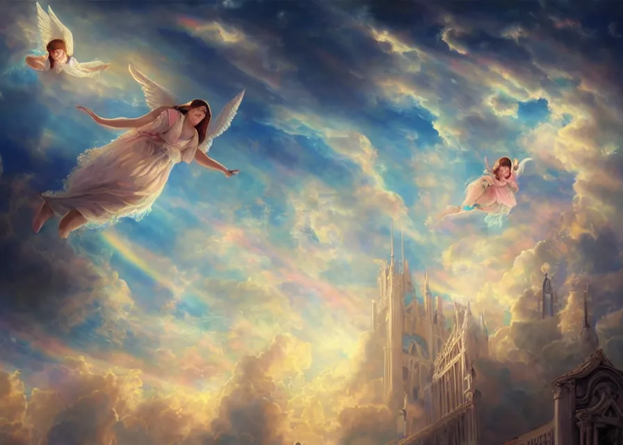 Image similar to realistic painting of angels flying around a giant pipe organ in the sky, joy, rainbow, magic, dreamy, clouds, pastel colors, dusk, rowena doge, zhiwei tu, fenghua zhong digital art, 4 k, trending on artstation, 4 k