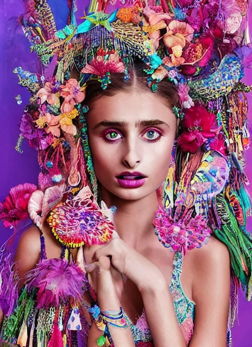 Image similar to beautiful portrait render of Taylor Hill wearing fantastic dress in the VICTORIA'S SECRET fashion show,embellished beaded feather decorative fringe knots ,colorful pigtail,subtropical flowers and plants,perfect symmetrica body shape,symmetrical face,intricate,elegant,highly detailed,8k,post-processing,digital painting,trending on pinterest,harper's bazaar,concept art, sharp focus, illustration, by artgerm,Tom Bagshaw,Lawrence Alma-Tadema,greg rutkowski,golden ratio