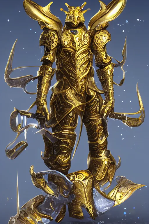 Image similar to a new golden armor zodiac Knight by tatsuya Yoshikawa artist Rendering the frog constellation armor . full of details, by utsurowazaru mono and jet set radio , Matte painting, trending on artstation and unreal engine