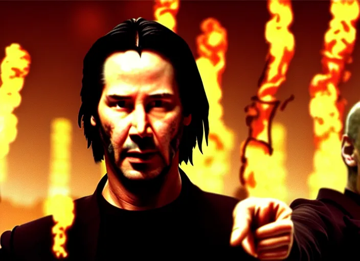 Prompt: A photo of Keanu Reeves as Neo in The Matrix movie doing a thumb up to the camera in front on burning servers, servers in flames in the background, happy system administrator doing a thumb up, uncropped, full body, crispy, ultra detailed