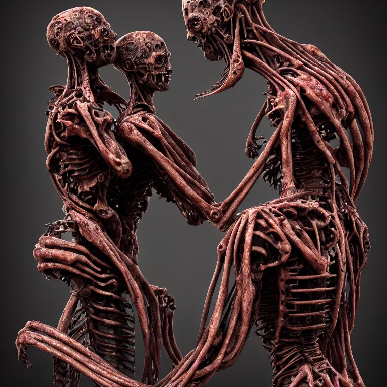 Prompt: dark biomechanical ribbed religious sculpture statue of two cyborgs in love made of rotten flesh meat, suffering, pastel colorful mold, baroque painting, beautiful detailed intricate insanely detailed octane render, organic 8K artistic photography, photorealistic, chiaroscuro, Raphael, Caravaggio, Giger, Beksinski, black background
